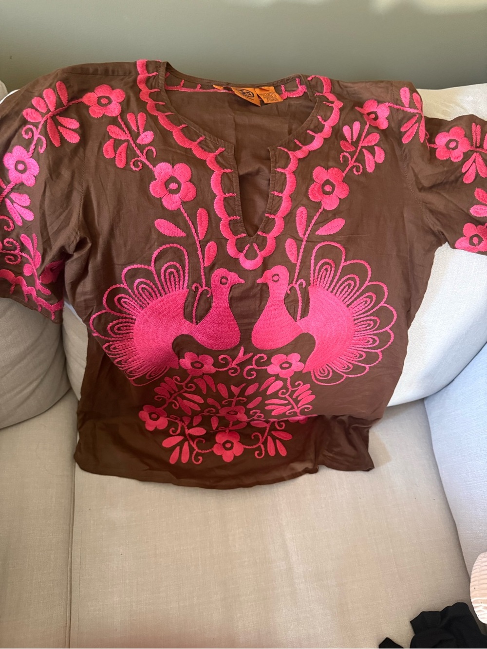 Tory Burch Brown Tunic with Hot Pink Embroidered Peacocks - Picture 2 of 4